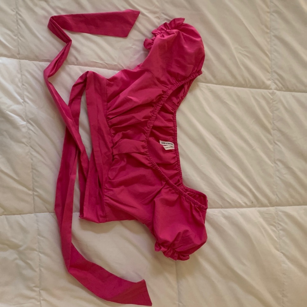 Hot pink cropped puff sleeve tie top